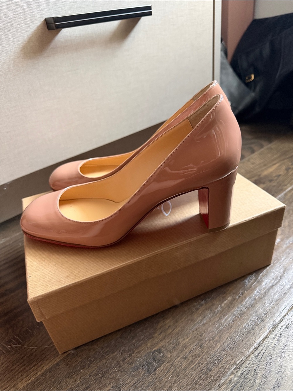 Christian Louboutin Patent Leather Blush Nude Block Heel Pumps